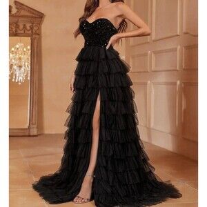 Faeriesty Women’s Medium Black Strapless Sequin Bodice Ruffled Dress Slit Gown